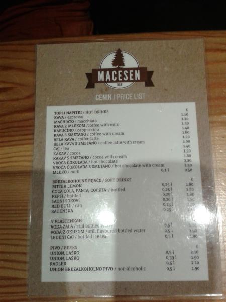 Macesen bar - nápojivý lístek